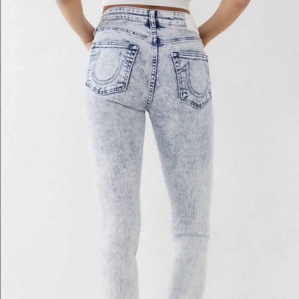True Religion Halle High Rise Super Skinny Acid Wash Raw Hem Jeans